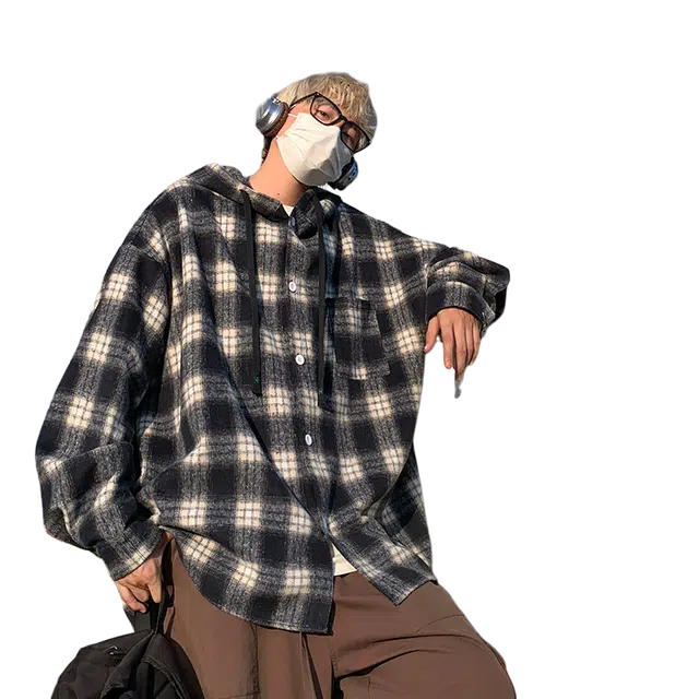 一碗士多 美式高街小众复古单排扣条纹格子宽松舒适透气个性时尚慵懒感通勤日常户外居家抽绳连帽卫衣 男女同款