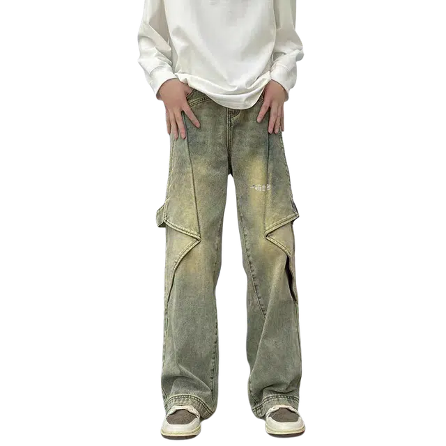 一碗士多 解构飘带黄泥染做旧不规则水洗微喇重工美式高街复古痞帅工装小众设计感直筒垂感拖地阔腿休闲百搭户外牛仔裤 男女同款