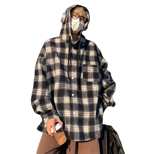 一碗士多 美式高街小众复古单排扣条纹格子宽松舒适透气个性时尚慵懒感通勤日常户外居家抽绳连帽卫衣 男女同款