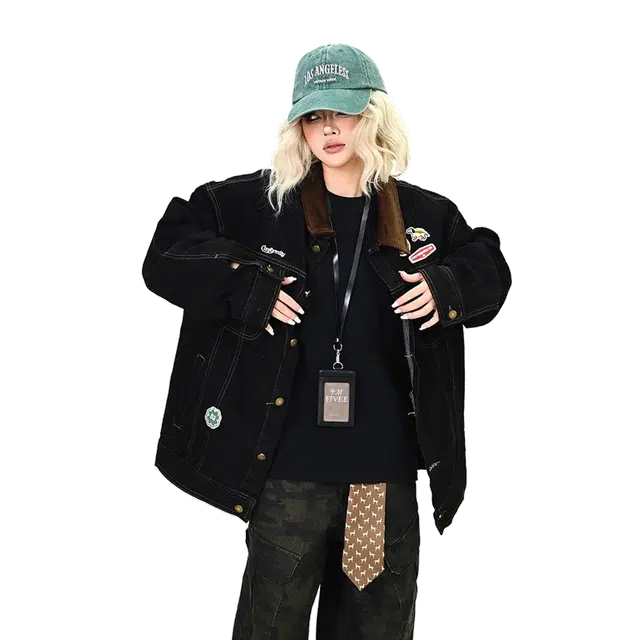 一碗士多 美式纯色复古设计感百搭小众简约做旧多口袋明线单排扣翻领落肩袖牛仔街头休闲外套夹克 男女同款