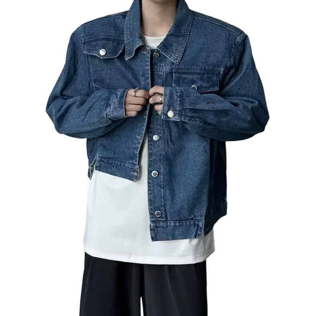 北极绒 秋季韩风简约设计感不规则复古休闲小众牛仔外套 男款