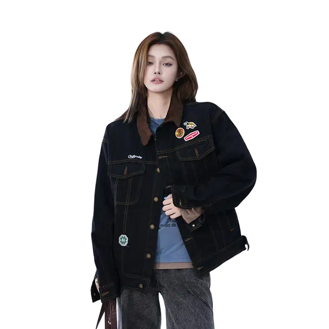 一碗士多 美式纯色复古设计感百搭小众简约做旧多口袋明线单排扣翻领落肩袖牛仔街头休闲外套夹克 男女同款