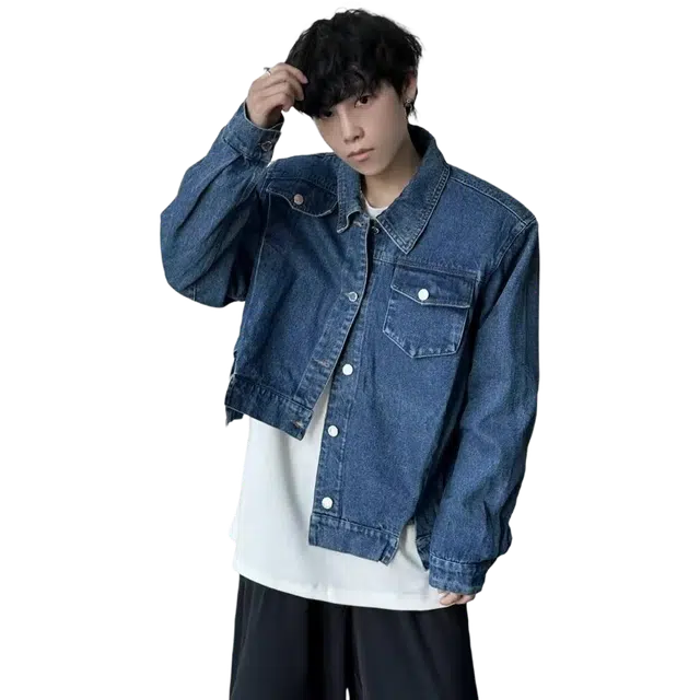 北极绒 秋季韩风简约设计感不规则复古休闲小众牛仔外套 男款