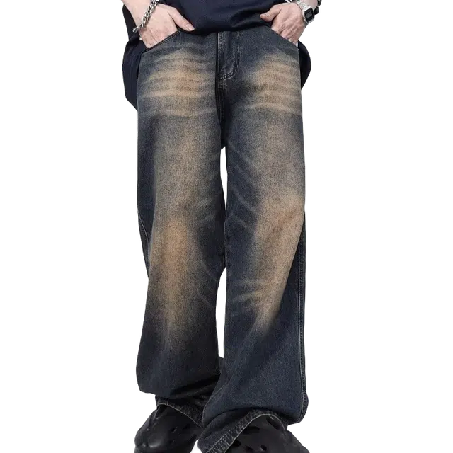 木木兔 美式高级感阔腿牛仔裤男高街潮牌水洗复古直筒休闲拖地长裤子 男款