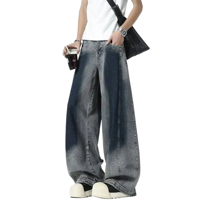 笔杏 嘻哈港风系列痞帅街头小众泼墨拼接设计高级感解构氛围感百搭弯刀微喇舒适日常通勤低腰时尚拖地牛仔裤 男女同款