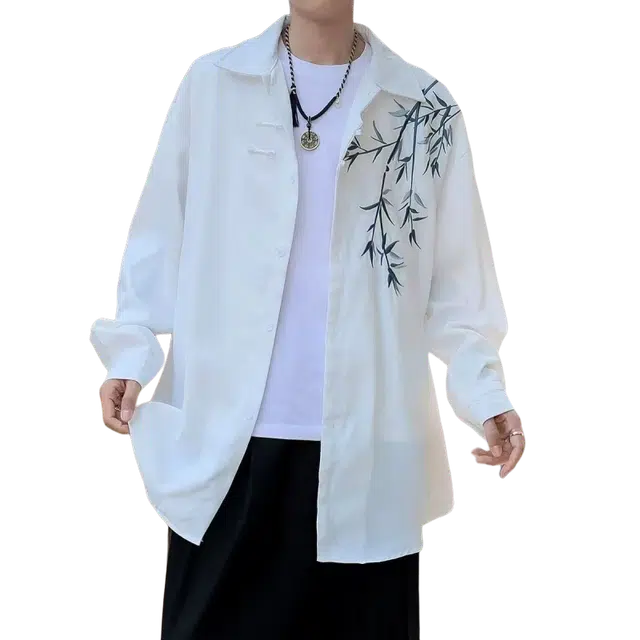 一碗士多 纯色刺绣竹子斜襟盘扣汉服唐装道袍新国风中式复古腔调小众设计个性百搭国潮长袖松弛感日常休闲舒适宽松衬衫 男女同款