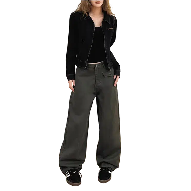 一碗士多 拖地纯色弯刀潮流直筒裤美式复古个性设计感小众宽松长裤日常百搭垂感好韩系氛围感穿搭牛仔裤 男女同款