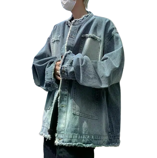地界二 美式复古毛边设计立领男潮牌秋季高级感痞帅休闲夹克上衣毛边设计立领潮牌纯色牛仔外套 男款