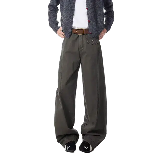一碗士多 拖地纯色弯刀潮流直筒裤美式复古个性设计感小众宽松长裤日常百搭垂感好韩系氛围感穿搭牛仔裤 男女同款