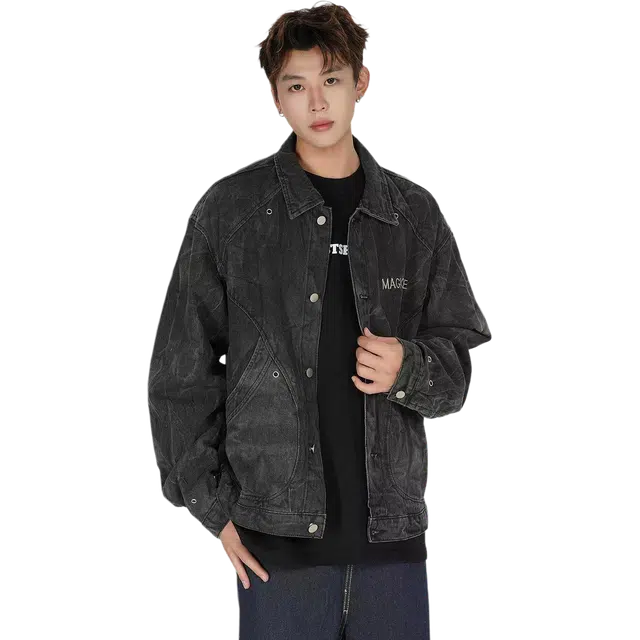 北极绒 美式复古水洗扎染小众铆钉结构潮牌设计感宽松牛仔外套 男款