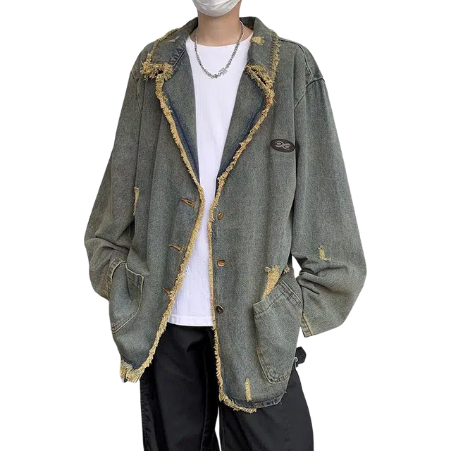 北极绒 做旧毛边破洞西装领春秋宽松水洗复古风牛仔外套 男款