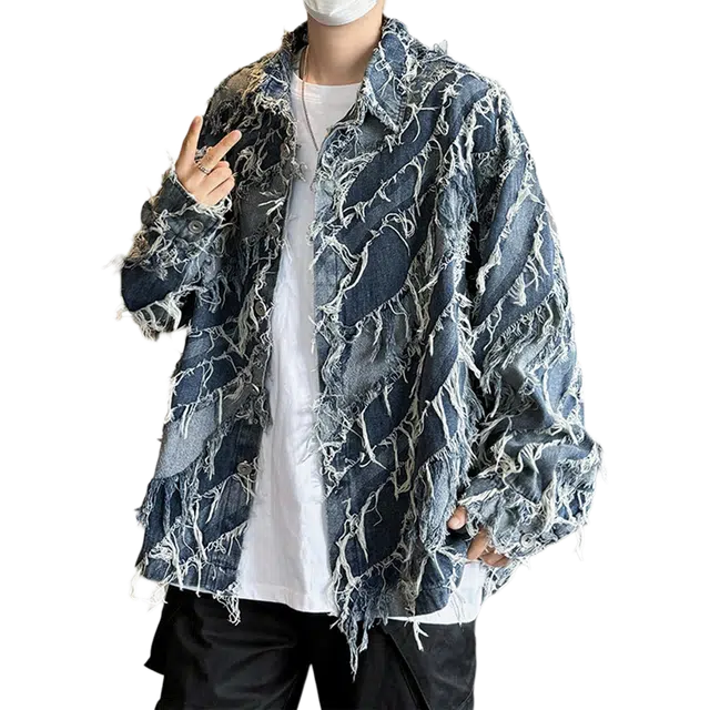 北极绒 洗水流苏毛边潮牌痞帅秋季宽松美式牛仔外套 男款