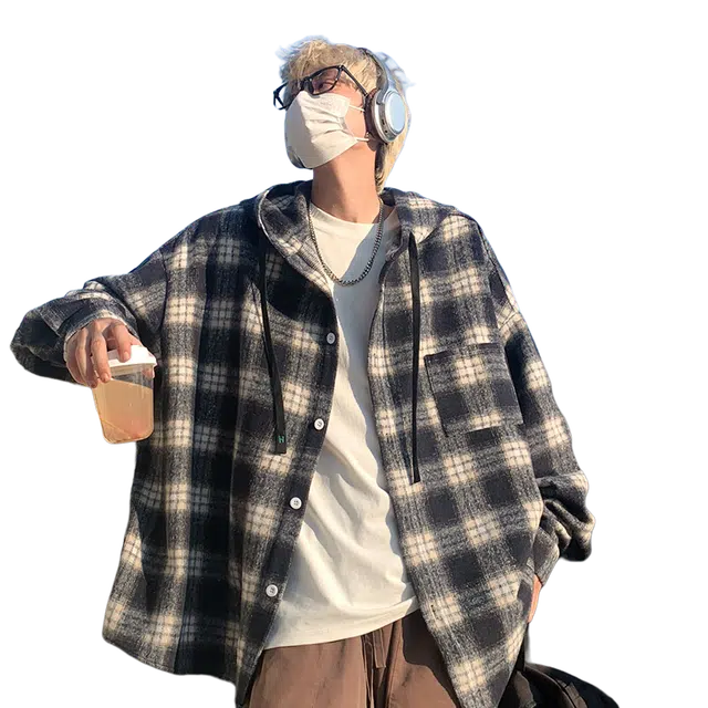 一碗士多 美式高街小众复古单排扣条纹格子宽松舒适透气个性时尚慵懒感通勤日常户外居家抽绳连帽卫衣 男女同款