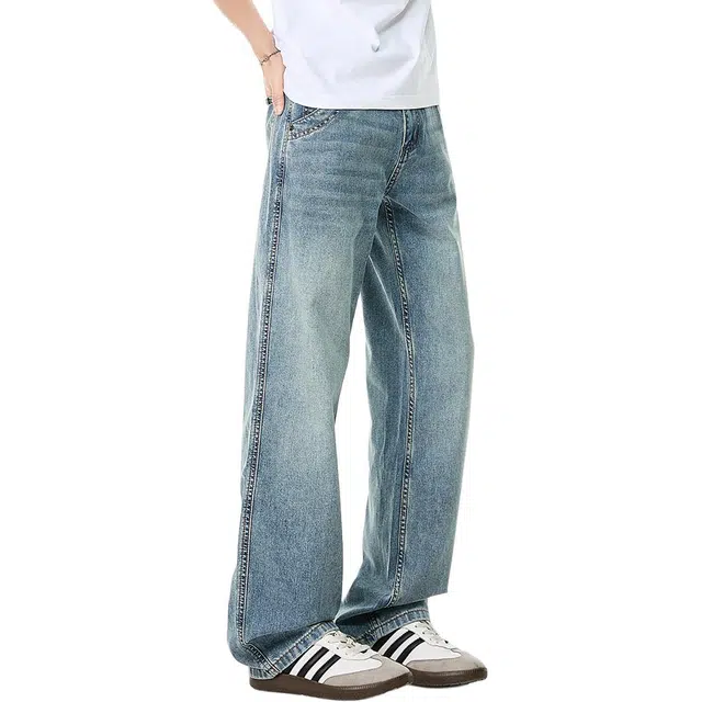 米素力 宽松美式浅蓝色中腰长裤牛仔裤 男款