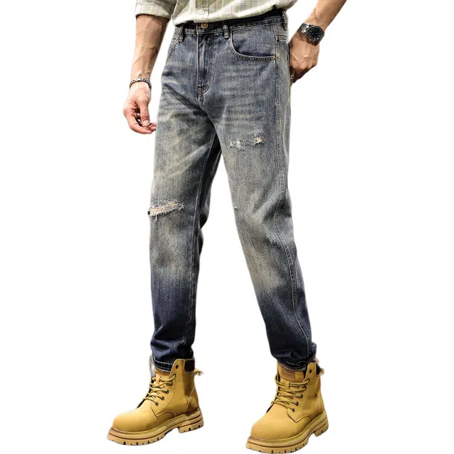路杰邦 美式潮牌宽松休闲百搭复古水洗做旧锥形直筒时尚潮流长裤破洞渐变牛仔裤 男款