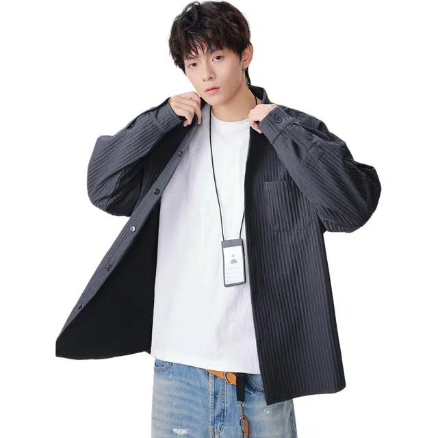 米素力 日系休闲轻奢纯色落肩袖长袖潮衬衫 男女同款