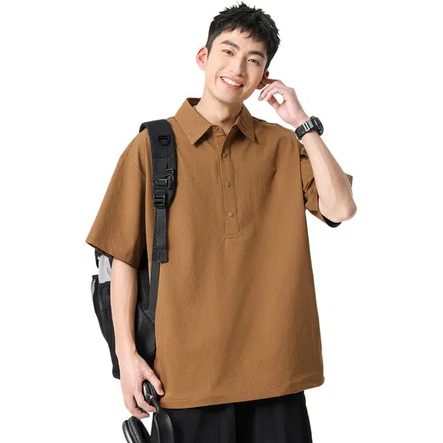 米素力 冰丝宽松肌理感格纹落肩袖短袖翻领衬衫 男款