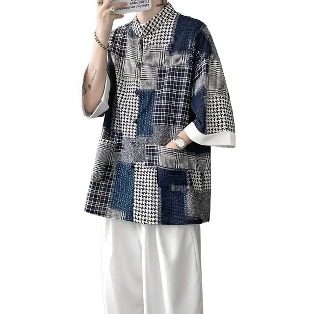 加荣 新中式拼接短袖衬衫男夏季轻薄透气潮牌青少年户外出行通勤百搭小众设计感中国风七分袖道袍盘扣外套上衣 男女同款