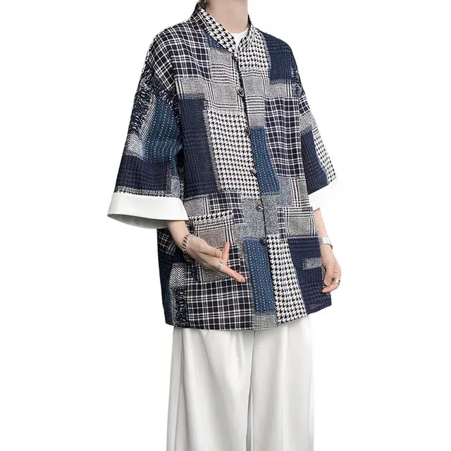 加荣 新中式拼接短袖衬衫男夏季轻薄透气潮牌青少年户外出行通勤百搭小众设计感中国风七分袖道袍盘扣外套上衣 男女同款