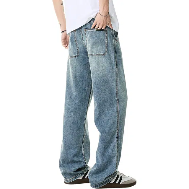 米素力 宽松美式浅蓝色中腰长裤牛仔裤 男款