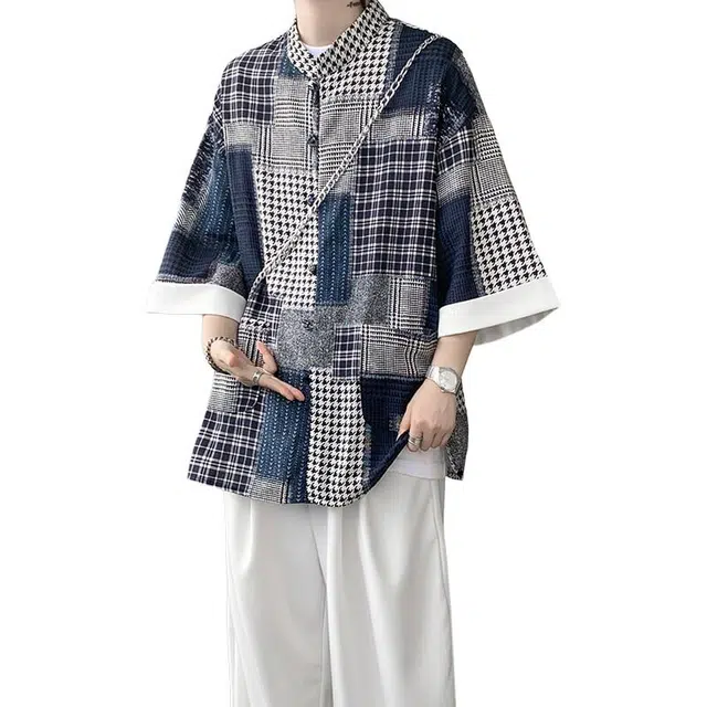 加荣 新中式拼接短袖衬衫男夏季轻薄透气潮牌青少年户外出行通勤百搭小众设计感中国风七分袖道袍盘扣外套上衣 男女同款