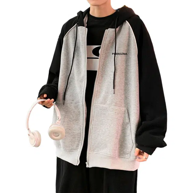 地界二 日系复古插肩袖开衫男生春秋季潮流简约宽松休闲运动连帽外套夹克 男款