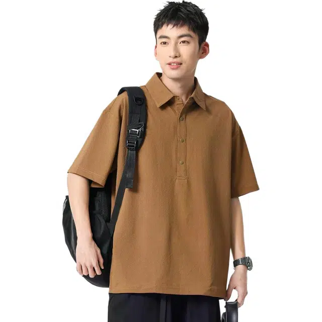 米素力 冰丝宽松肌理感格纹落肩袖短袖翻领衬衫 男款