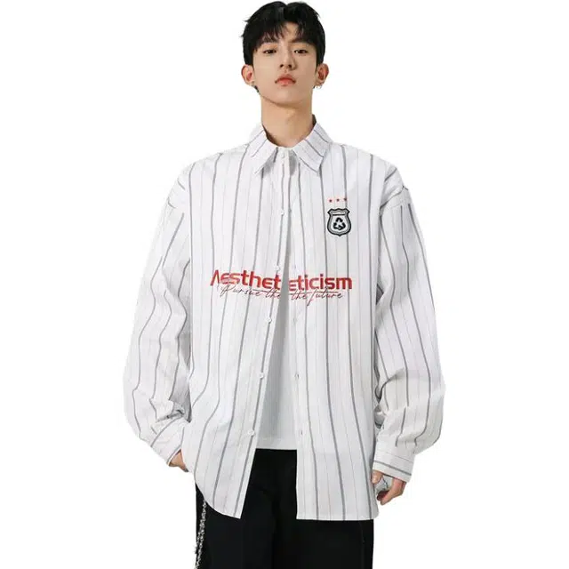 地界二 潮牌美式字母印花条纹长袖秋季宽松情侣外穿衬衣衬衫 男款