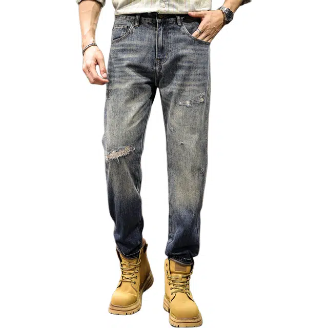 路杰邦 美式潮牌宽松休闲百搭复古水洗做旧锥形直筒时尚潮流长裤破洞渐变牛仔裤 男款