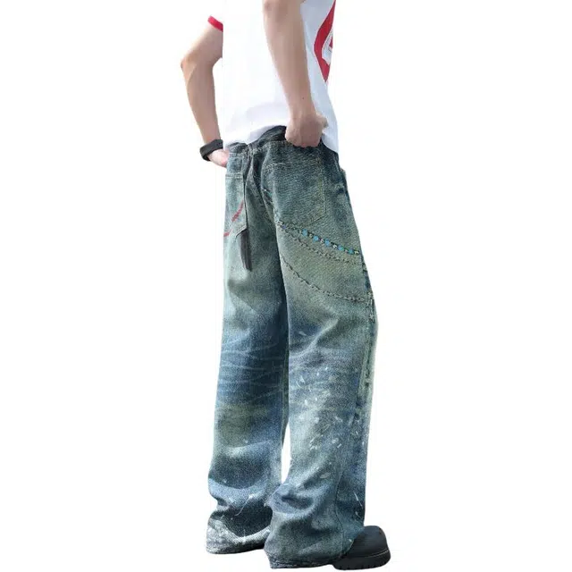 加荣 美式复古水洗做旧水波纹泼墨薄款透气潮牌青少年户外出行百搭宽松休闲高街链条阔腿裤牛仔裤 男女同款