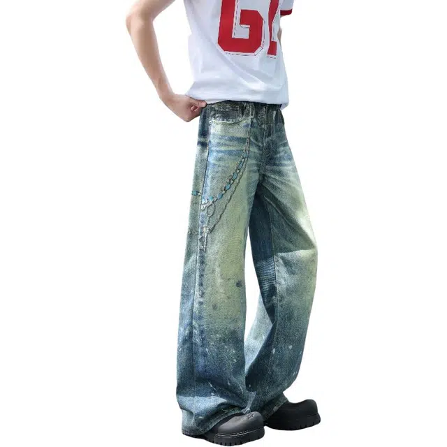 加荣 美式复古水洗做旧水波纹泼墨薄款透气潮牌青少年户外出行百搭宽松休闲高街链条阔腿裤牛仔裤 男女同款