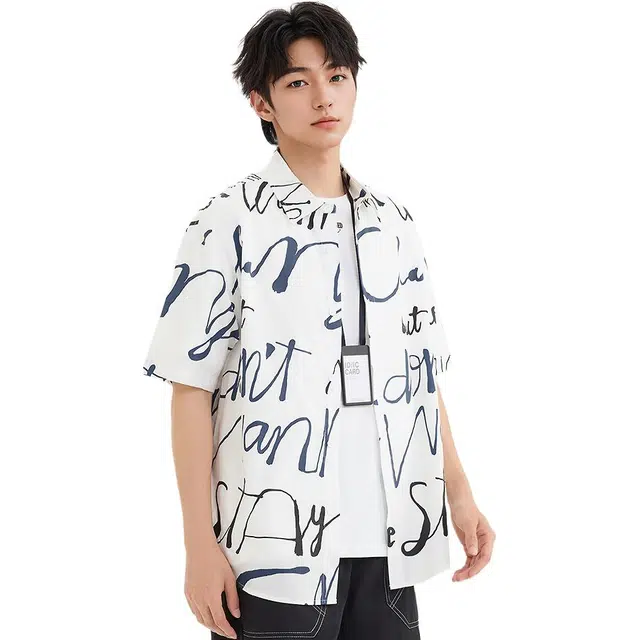 三福 字母印花短款时尚短袖翻领衬衫 男款
