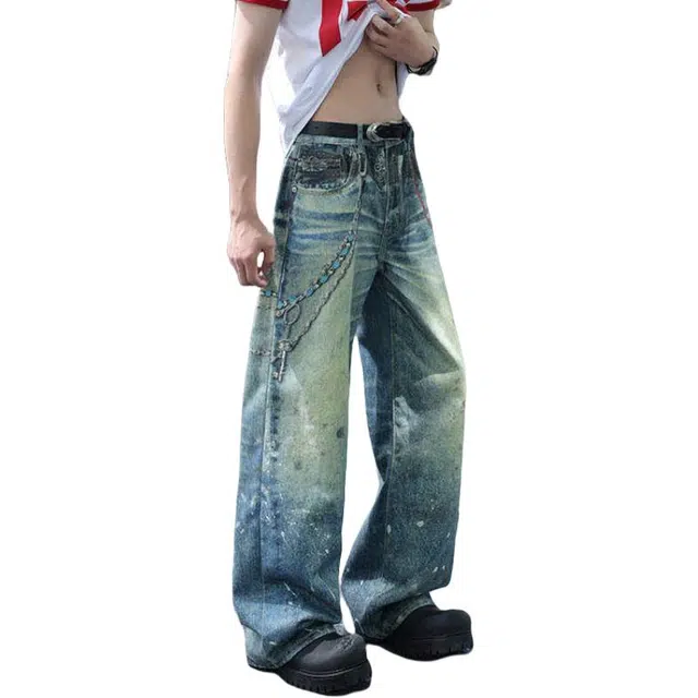加荣 美式复古水洗做旧水波纹泼墨薄款透气潮牌青少年户外出行百搭宽松休闲高街链条阔腿裤牛仔裤 男女同款