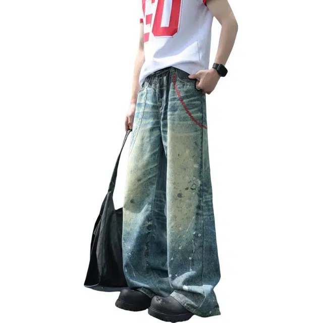 加荣 美式复古水洗做旧水波纹泼墨薄款透气潮牌青少年户外出行百搭宽松休闲高街链条阔腿裤牛仔裤 男女同款