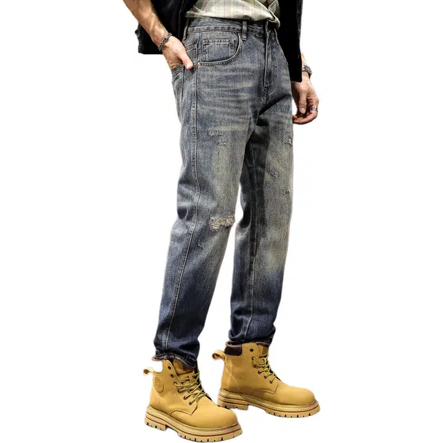 路杰邦 美式潮牌宽松休闲百搭复古水洗做旧锥形直筒时尚潮流长裤破洞渐变牛仔裤 男款