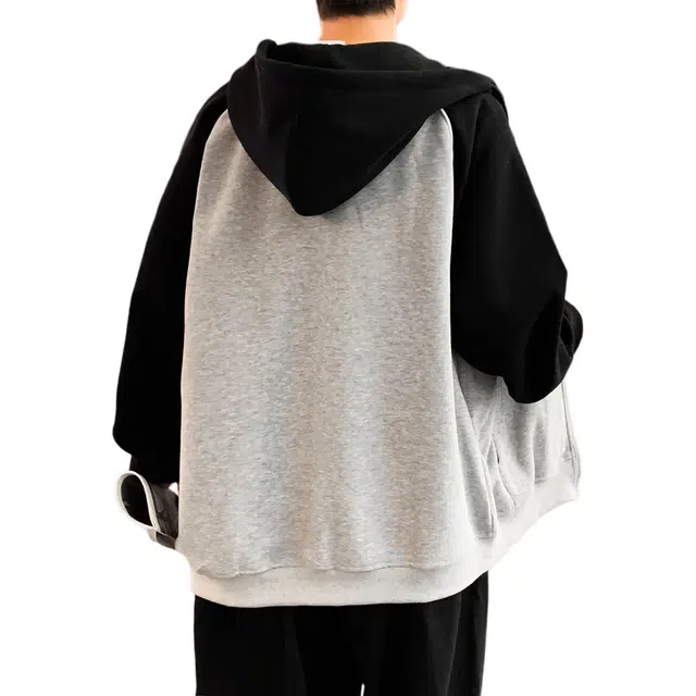 地界二 日系复古插肩袖开衫男生春秋季潮流简约宽松休闲运动连帽外套夹克 男款