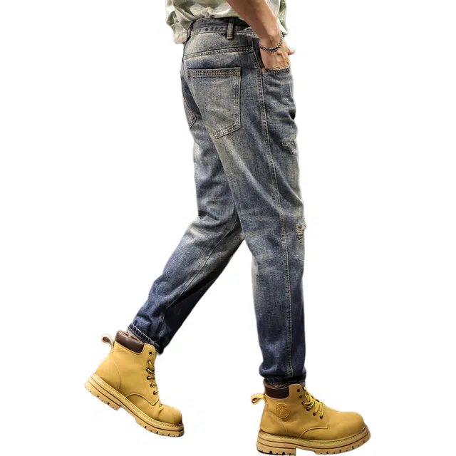 路杰邦 美式潮牌宽松休闲百搭复古水洗做旧锥形直筒时尚潮流长裤破洞渐变牛仔裤 男款
