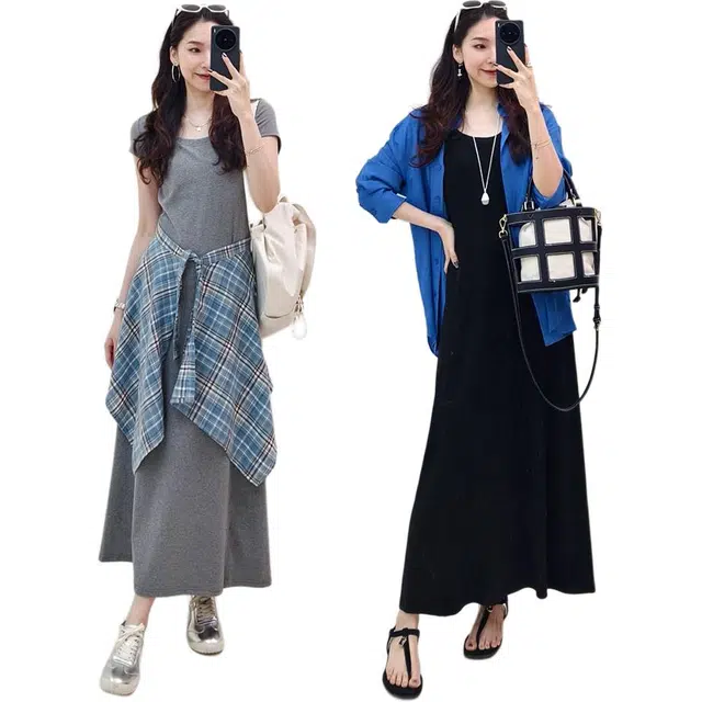 美洋 弹力简约圆领纯色常规短袖连衣裙 女款