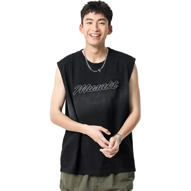 米素力 渐变水洗无袖英文圆领背心 男款