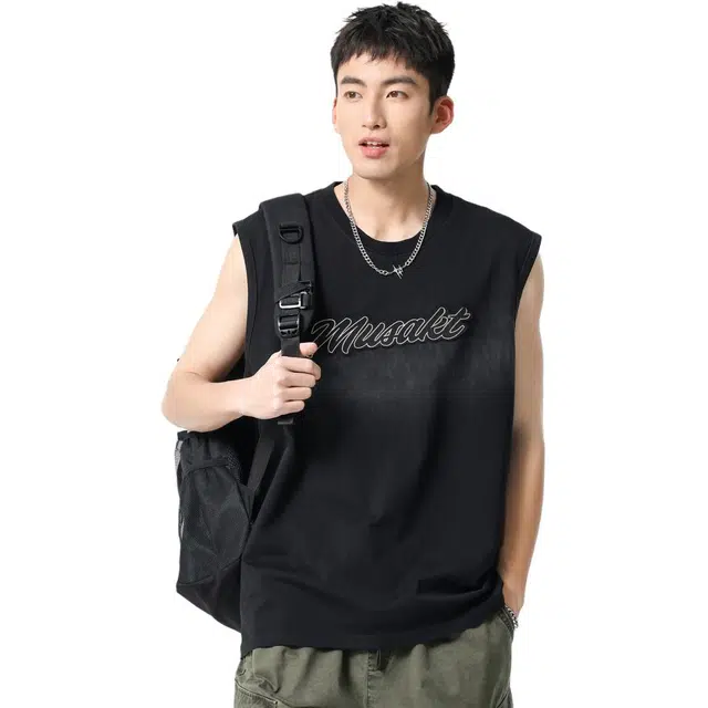 米素力 渐变水洗无袖英文圆领背心 男款