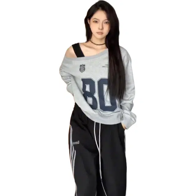 北极绒 美式复古灰色露肩斜肩女秋冬设计感小众宽松显瘦长袖上衣卫衣 女款