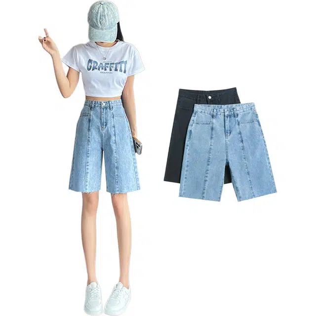 法文箱子 宽松直筒显瘦常规高腰五分裤牛仔短裤 男女同款