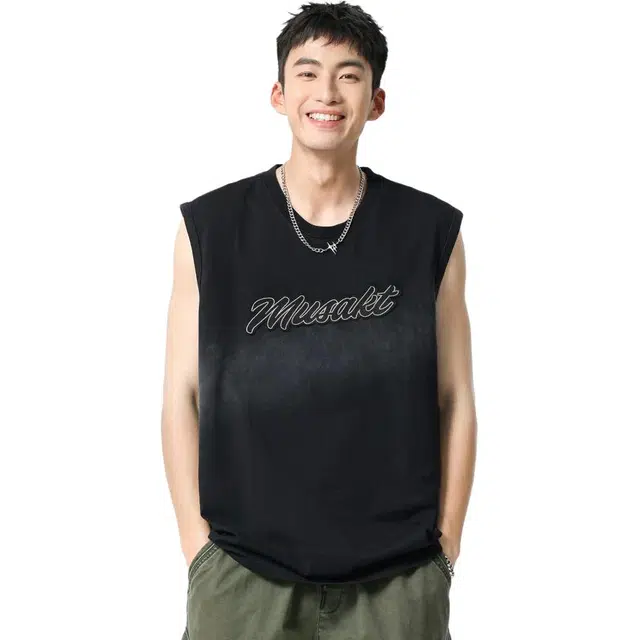 米素力 渐变水洗无袖英文圆领背心 男款