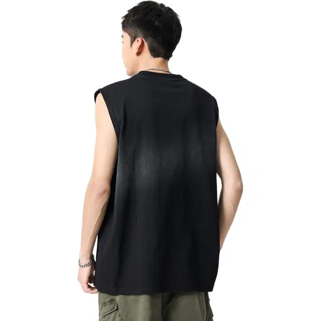 米素力 渐变水洗无袖英文圆领背心 男款