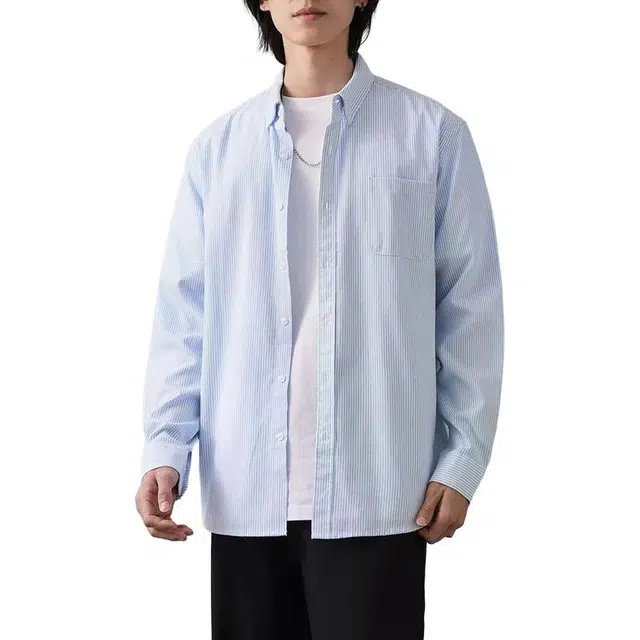 纯团 纯棉条纹衬衣外套秋季高级感盐系简约百搭美式休闲通勤长袖衬衫 男女同款