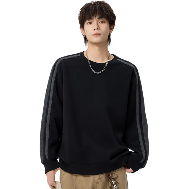 米素力 拼色百搭设计感落肩袖潮套头卫衣 男女同款