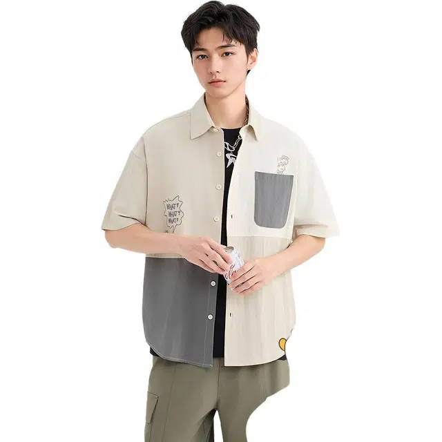 三福 拼接短款字母翻领短袖衬衫 男款