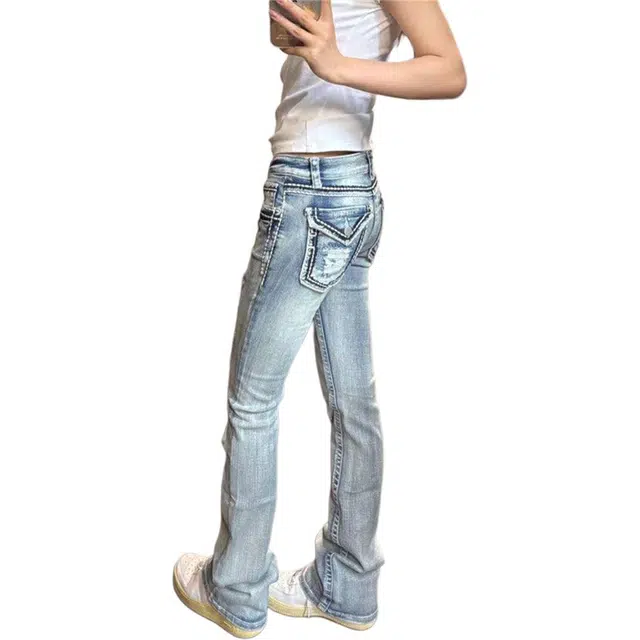 囍鱼少女 复古浅色微喇破洞牛 女 低腰辣妹显瘦马蹄阔腿裤拖地裤牛仔裤 女款