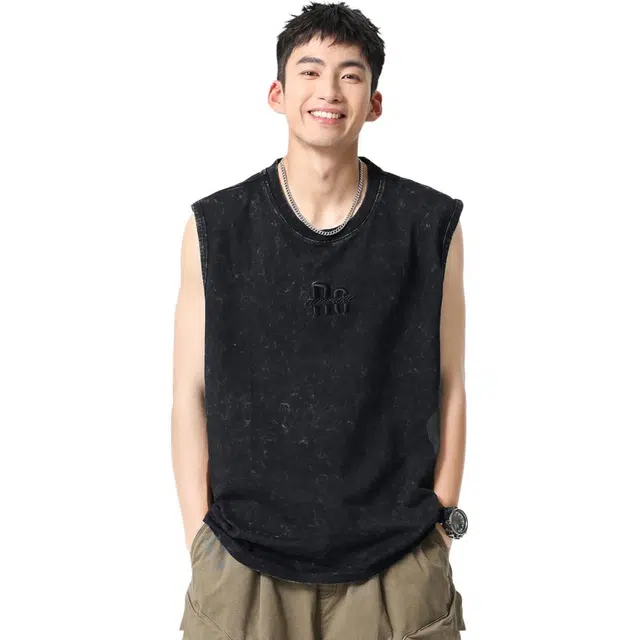 米素力 复古水洗做旧英文圆领背心 男款