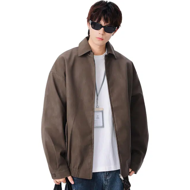 米素力 复古宽松机车服纯色长袖翻领仿皮皮衣夹克 男女同款